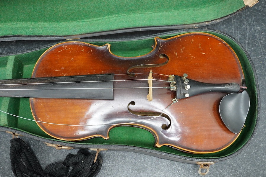 A cased violin, possibly Czech, body 36cm. Condition - fair